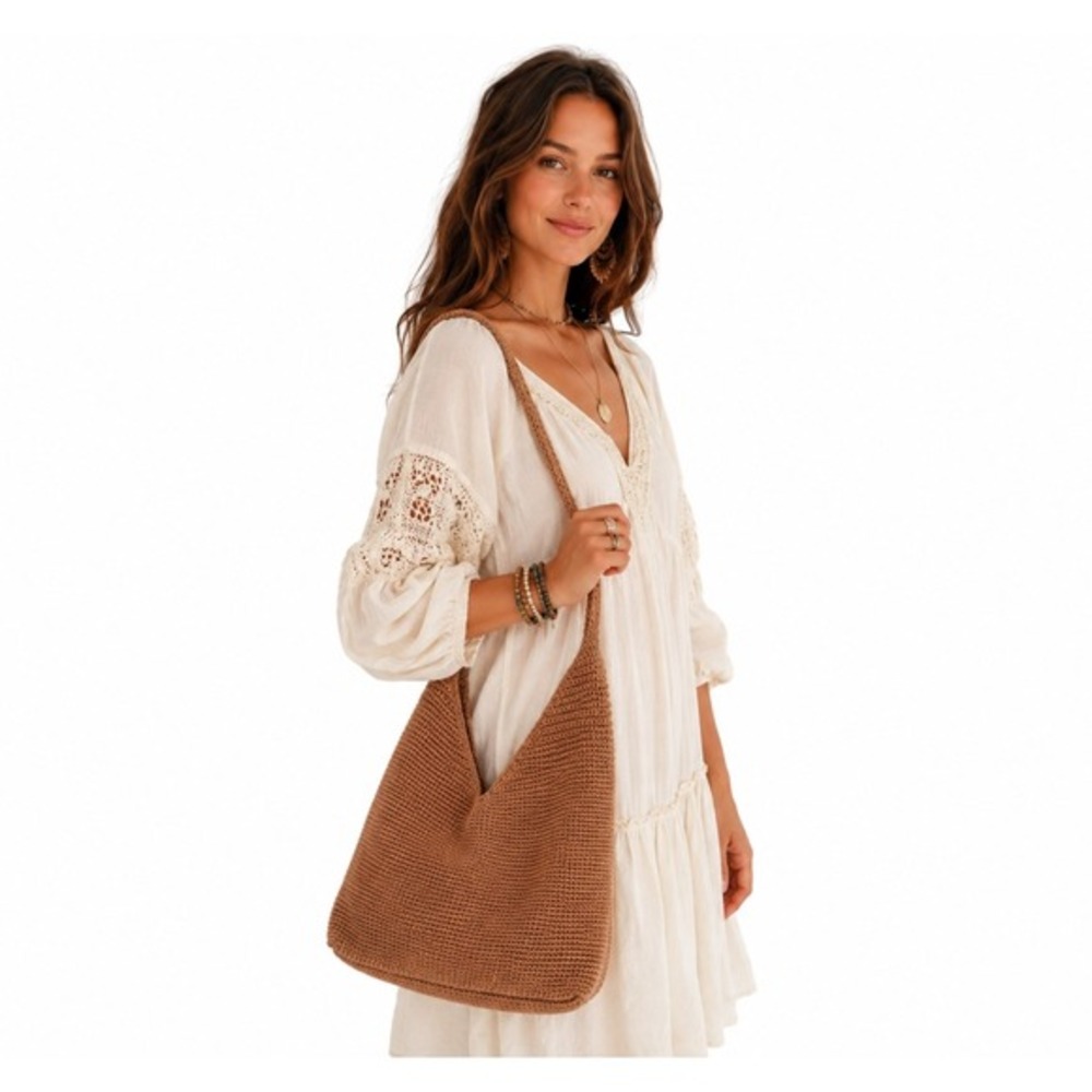 The Sak Crochet‎ Hobo Bag Tan Shoulder Bag Neutral Boho Chic Vintage 38-14